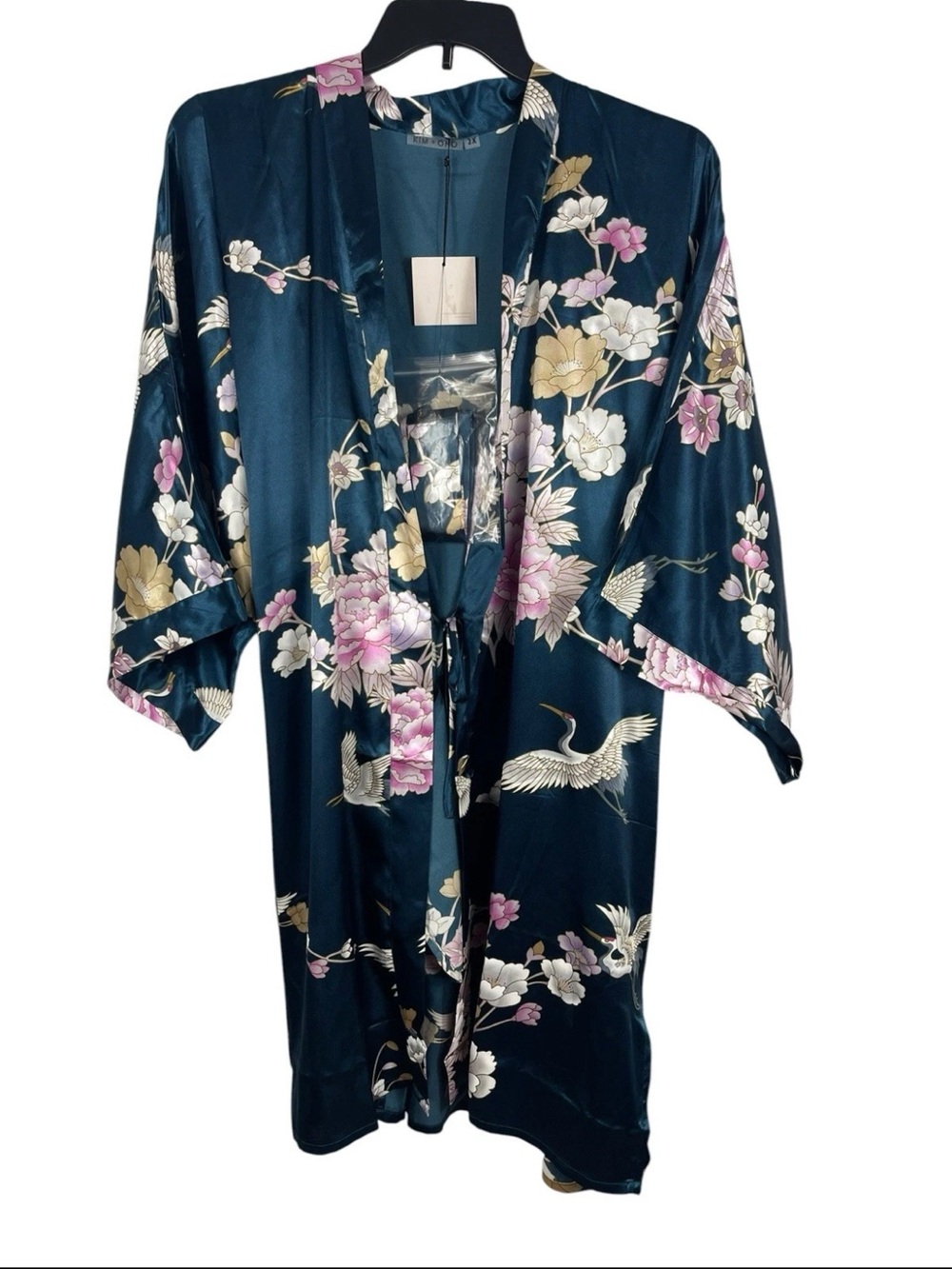 Kim + Ono Floral Crane Kimono Robe Blue Satin Lounge Cover Up plus size 2X NWT